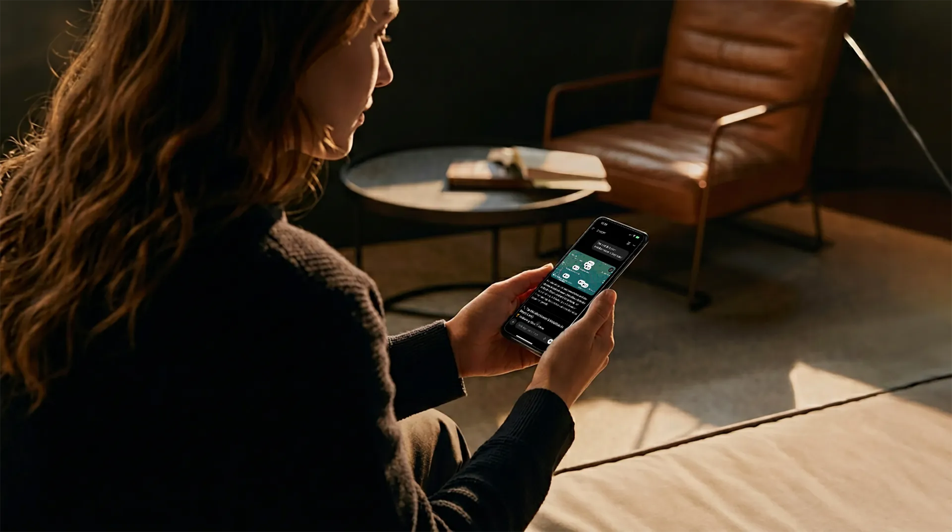 Frau liest auf dem Smartphone eine KI-Antwort - SEO und GEO von Lab7