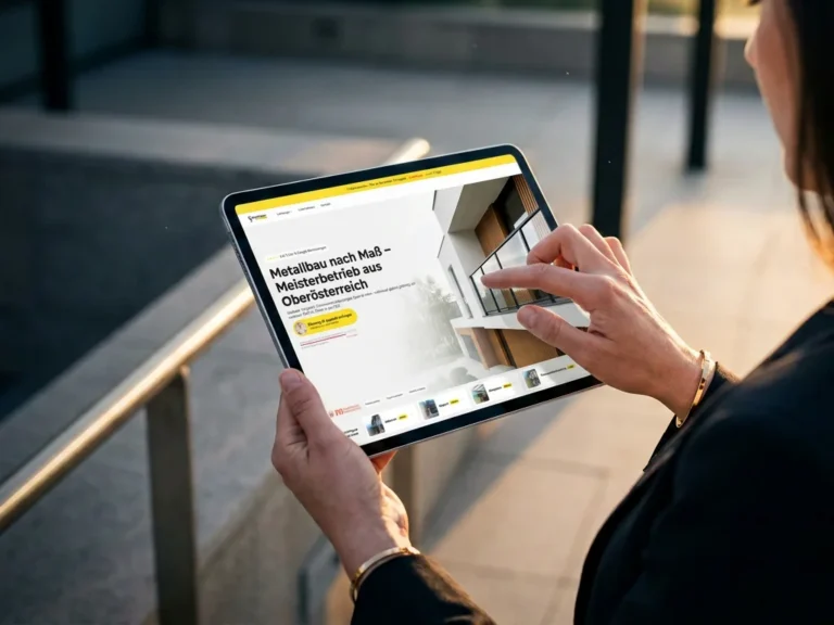 Hände tippen auf der Terrasse durch die Singhuber Edelstahl Website am Tablet