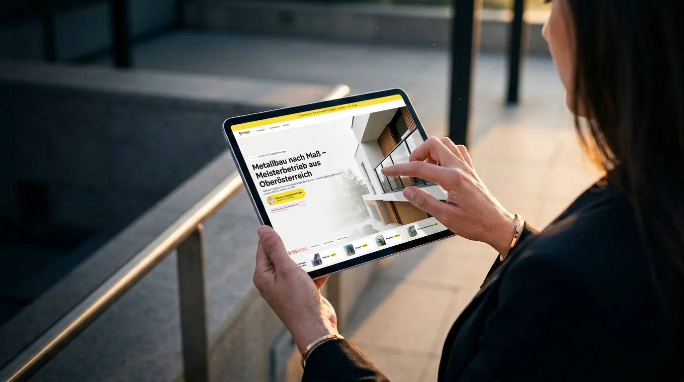 Frau sieht sich auf der Terrasse mit Edelstahl-Geländer die Singhuber Edelstahl Website am Tablet an