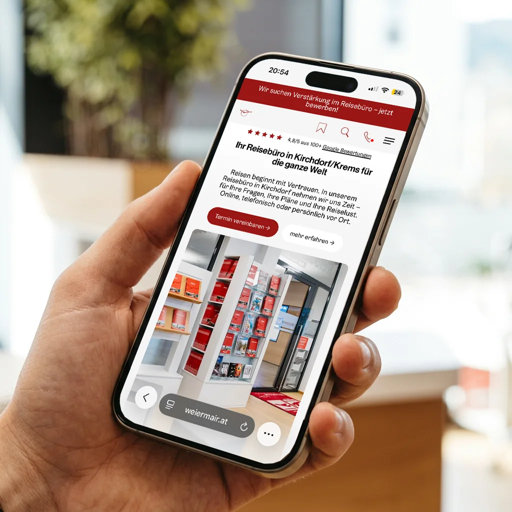 weiermair.at am Smartphone - mobile Startseite des Reisebüros in Kirchdorf an der Krems